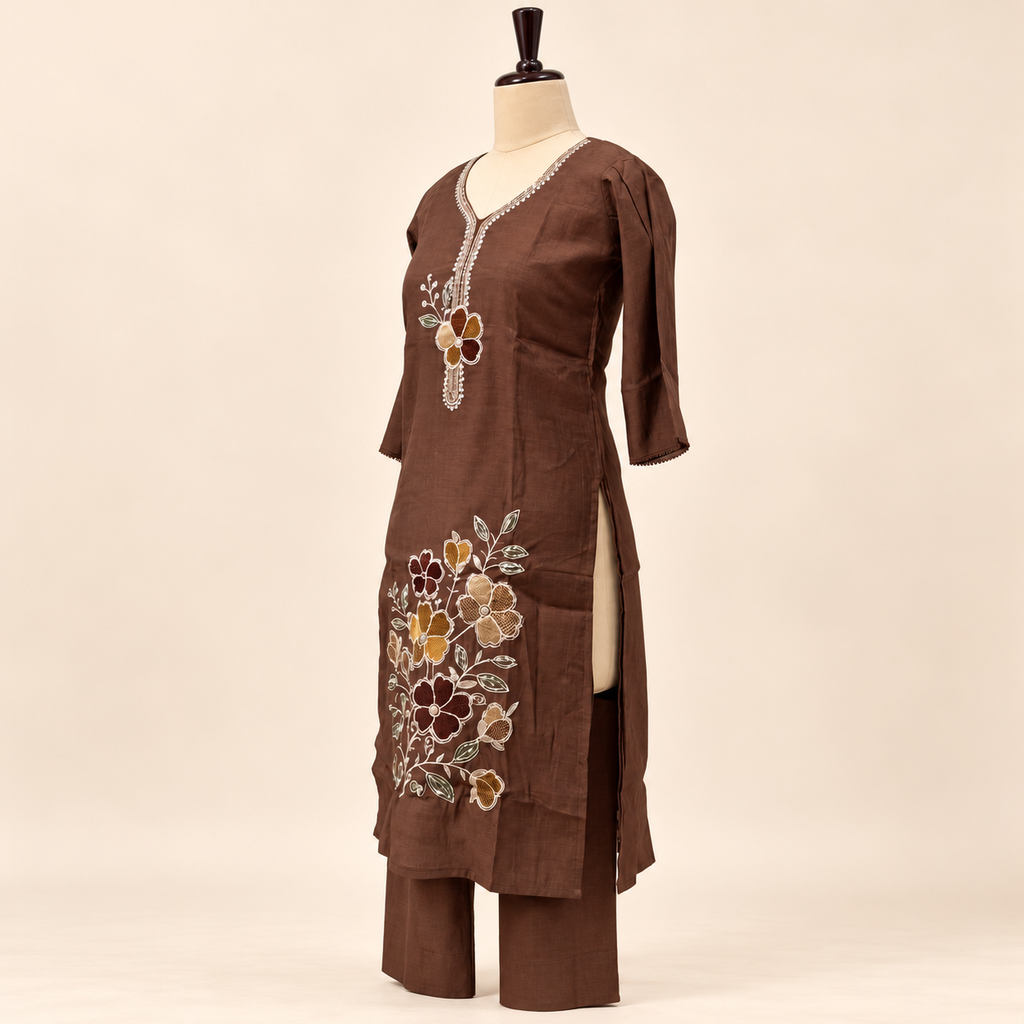 Multicolour Floral Embroidered Cotton Kurta Set