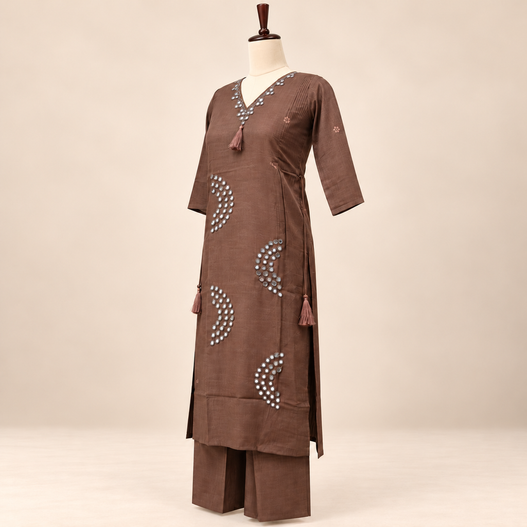 Mirror Work with Paisley Motifs, Embellished V-Neckline and Decorative Tassel Detailing