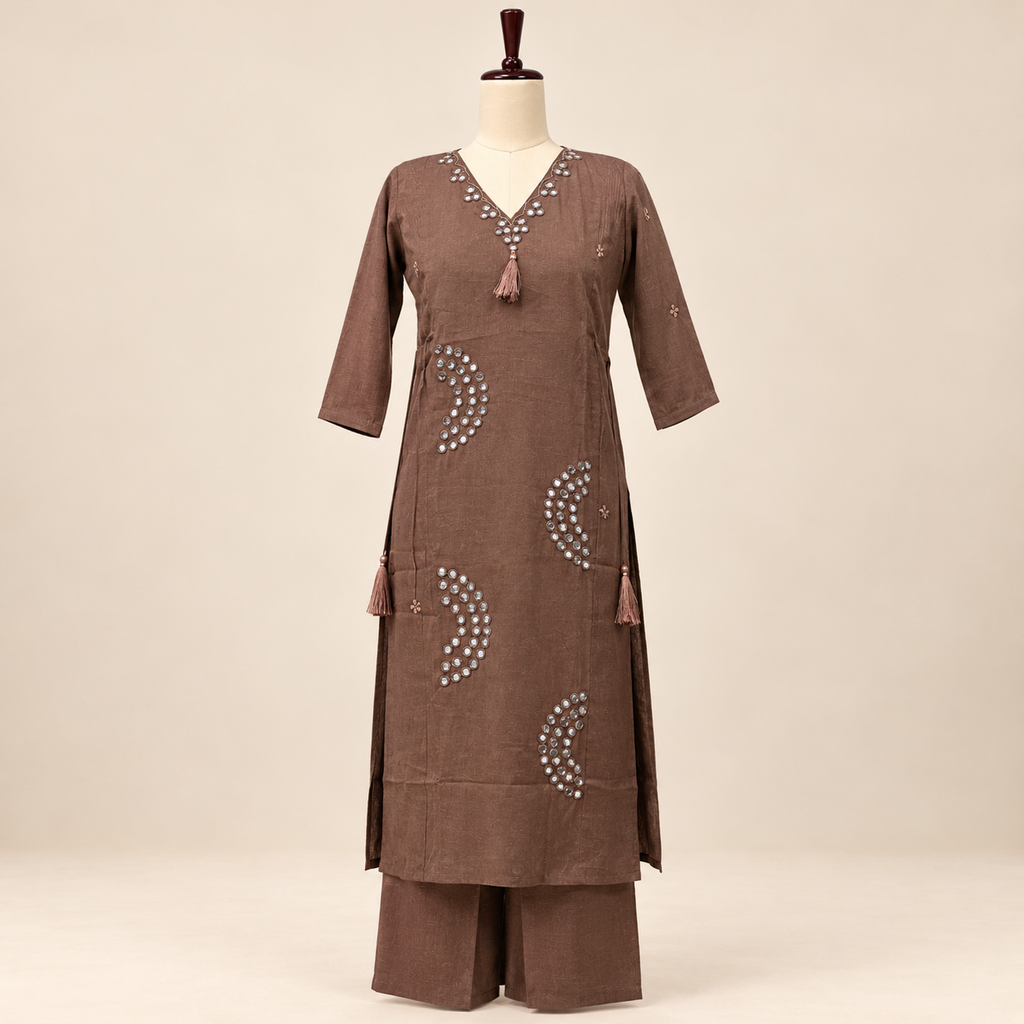 Mirror Work with Paisley Motifs, Embellished V-Neckline and Decorative Tassel Detailing