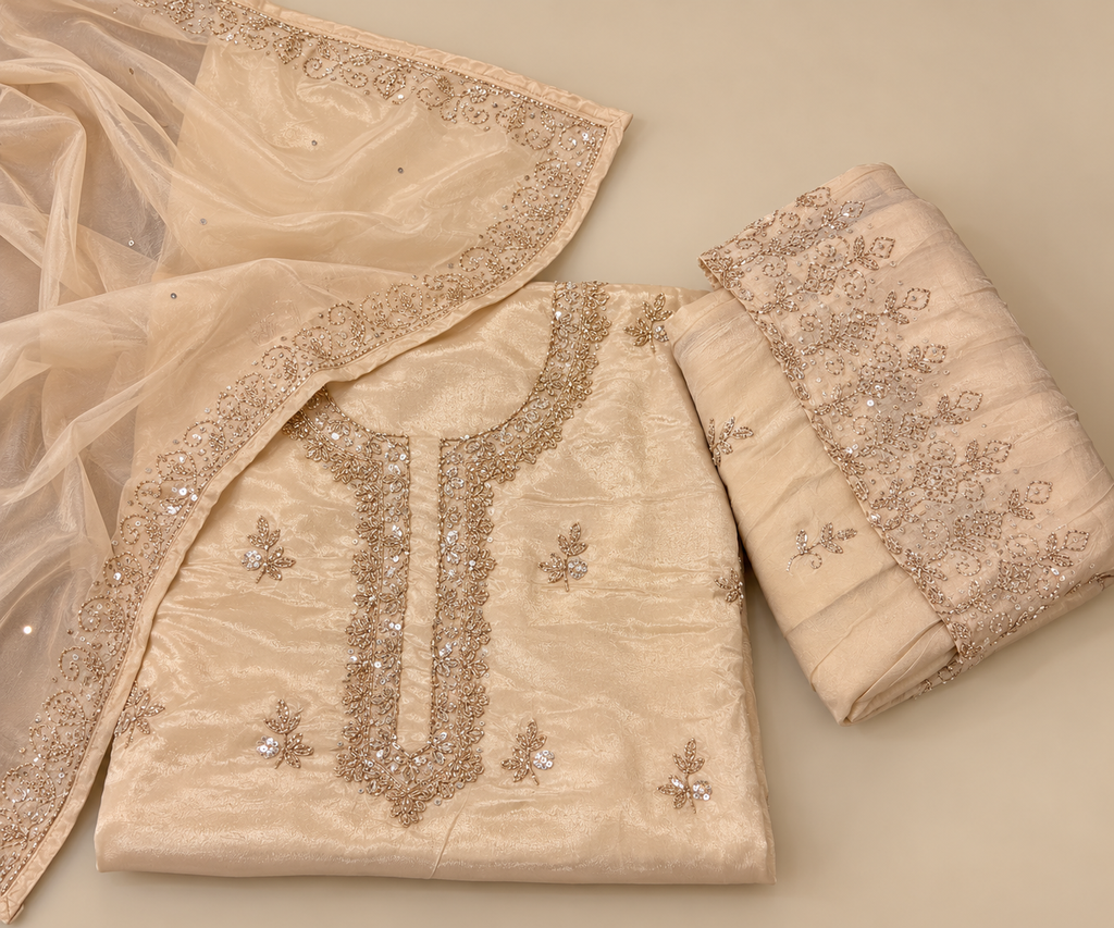 Elegant Cream Chinon Dress Material with Floral Embroidery and Scalloped Dupatta
