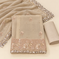 Beige Organza Pearl Embroidered Unstitched Dress Material Set