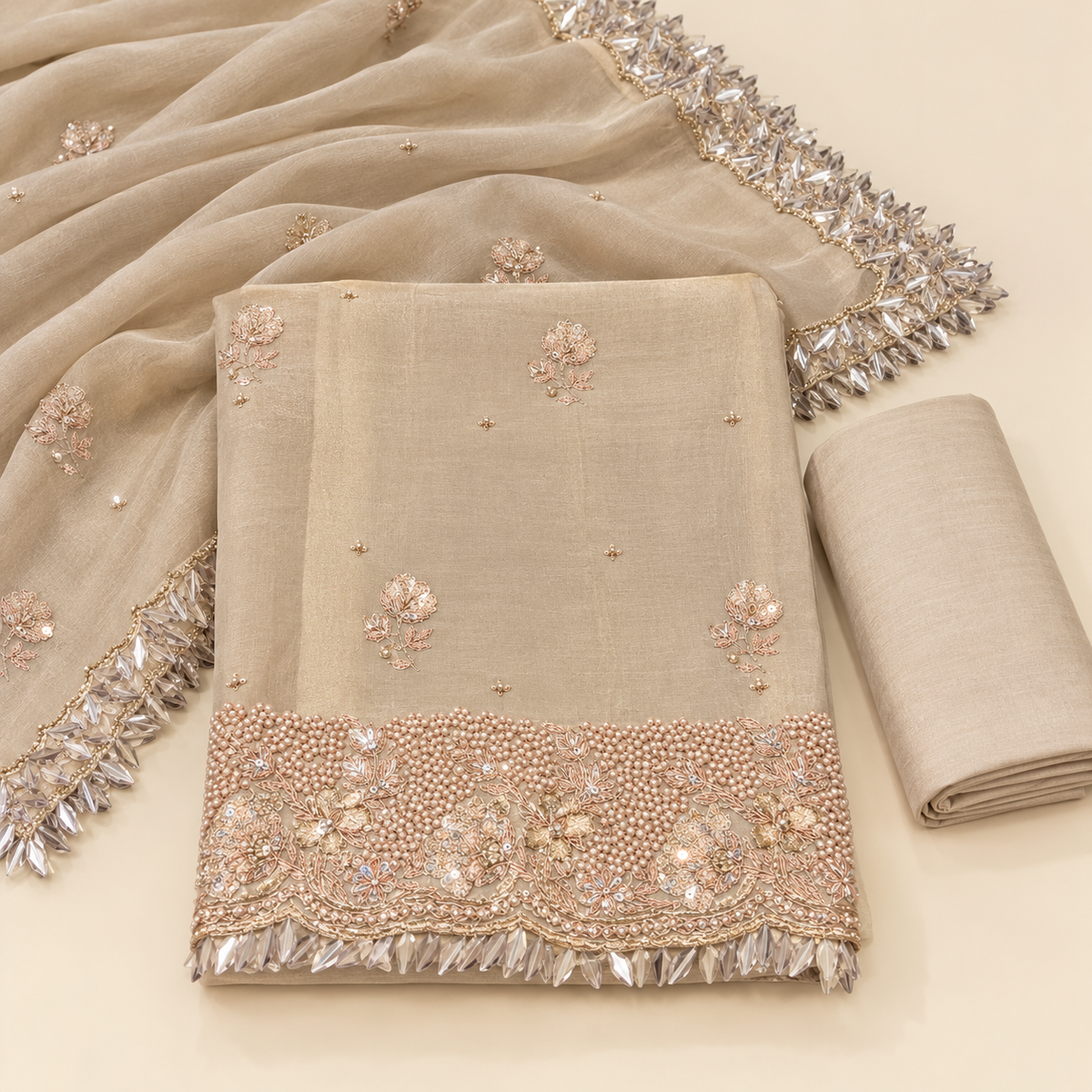Beige Organza Pearl Embroidered Unstitched Dress Material Set
