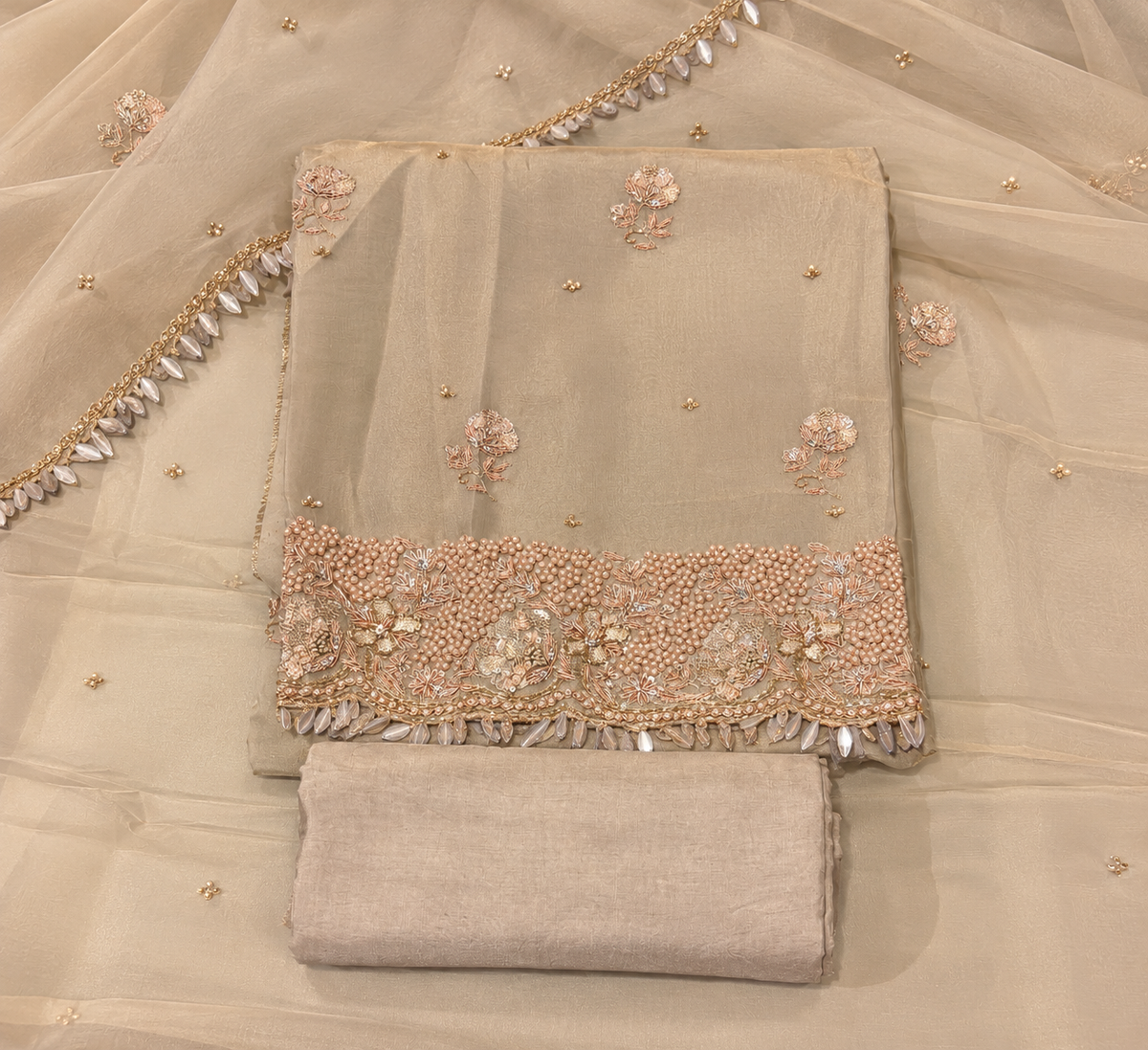 Beige Organza Pearl Embroidered Unstitched Dress Material Set