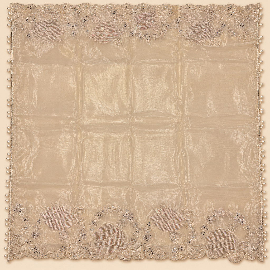 Elegant Beige Shimmer Dress Material with Floral Embroidery and Scalloped Dupatta