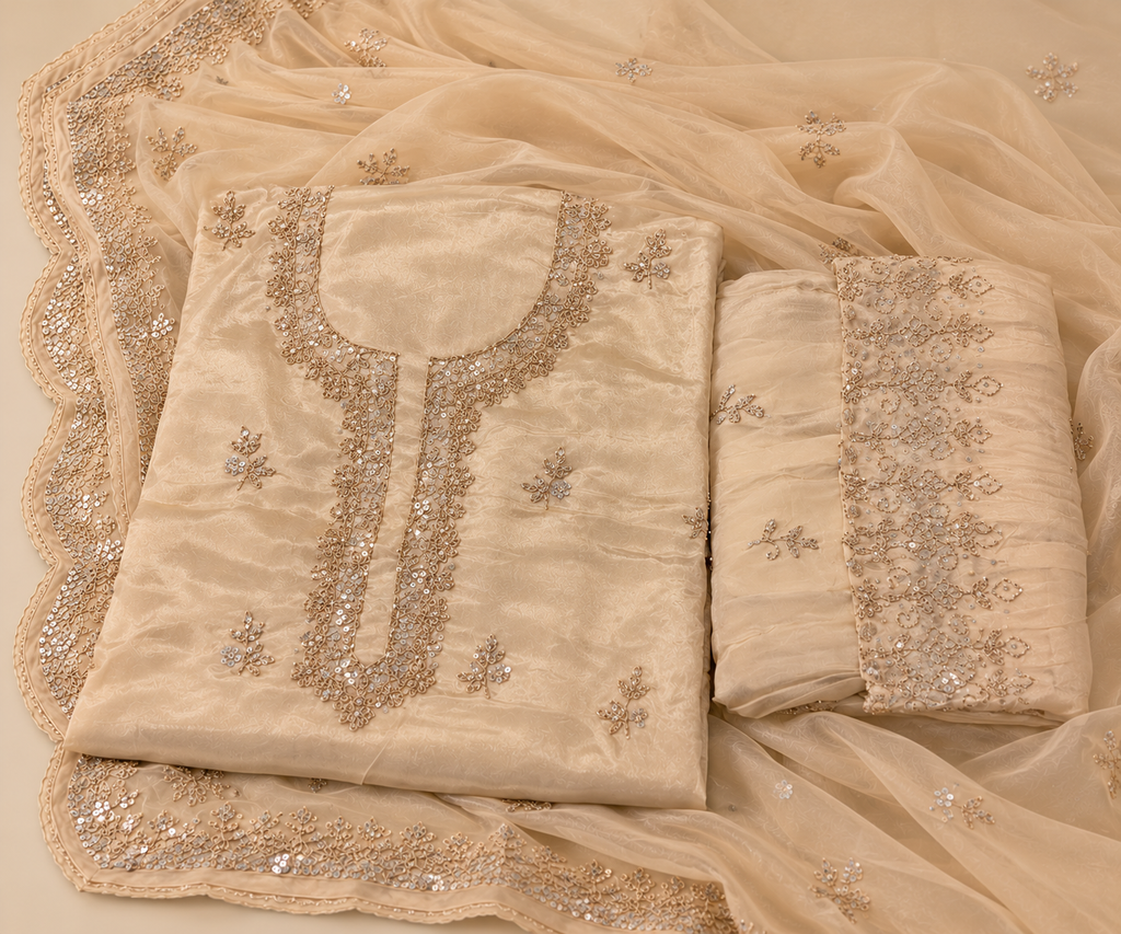 Elegant Cream Chinon Dress Material with Floral Embroidery and Scalloped Dupatta