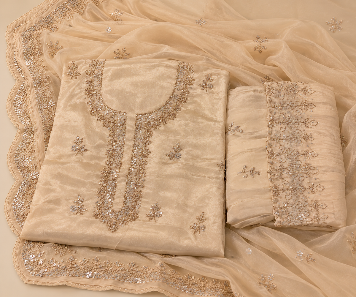 Elegant Cream Chinon Dress Material with Floral Embroidery and Scalloped Dupatta