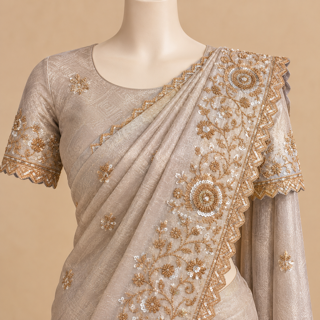 Grey Tissue Silk Saree with Golden Floral Embroidery
