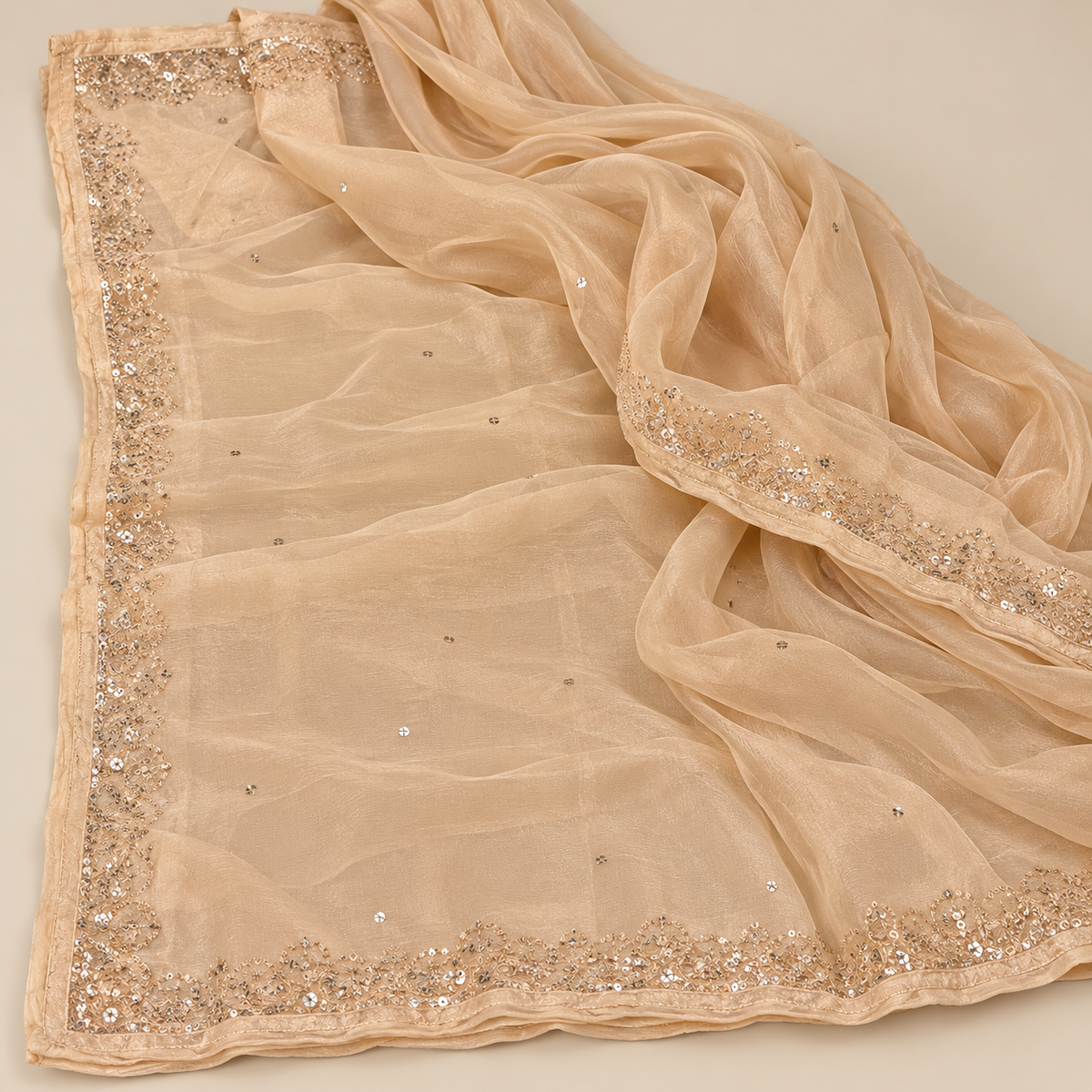 Elegant Cream Chinon Dress Material with Floral Embroidery and Scalloped Dupatta