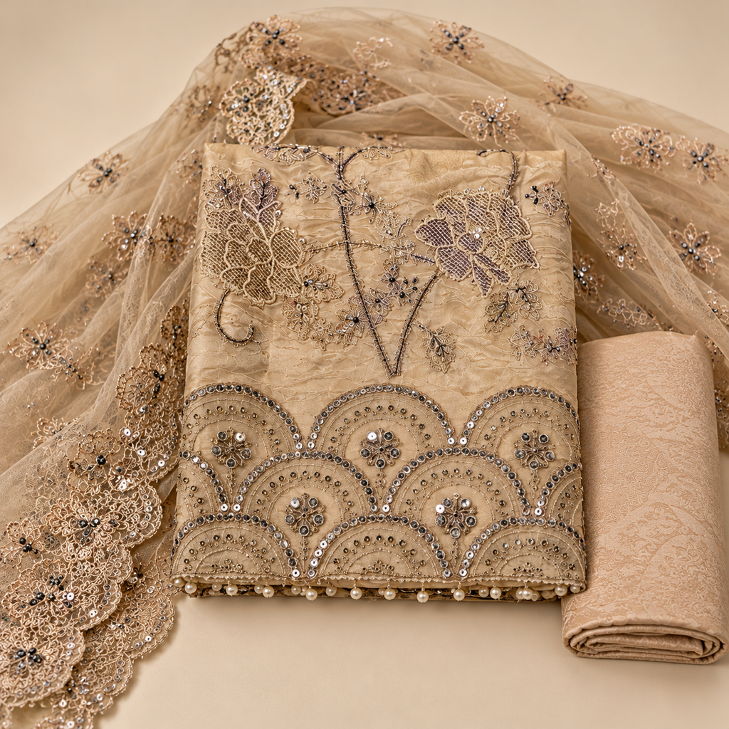 Elegant Beige Shimmer Dress Material with Floral Embroidery and Scalloped Dupatta