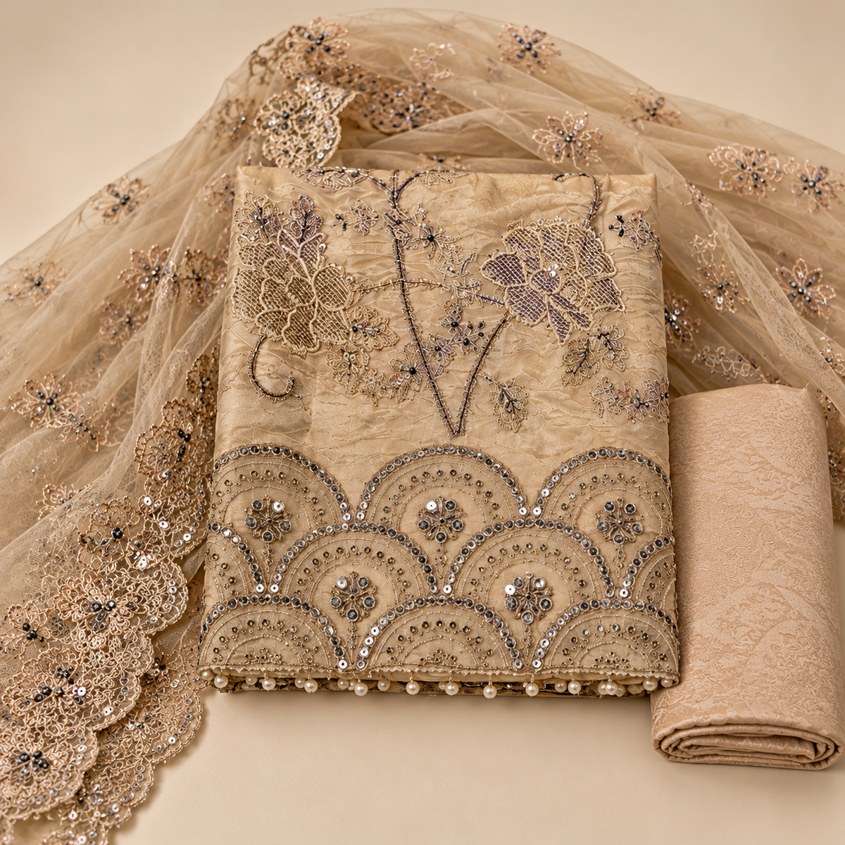 Elegant Beige Shimmer Dress Material with Floral Embroidery and Scalloped Dupatta