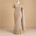 Grey Tissue Silk Saree with Golden Floral Embroidery