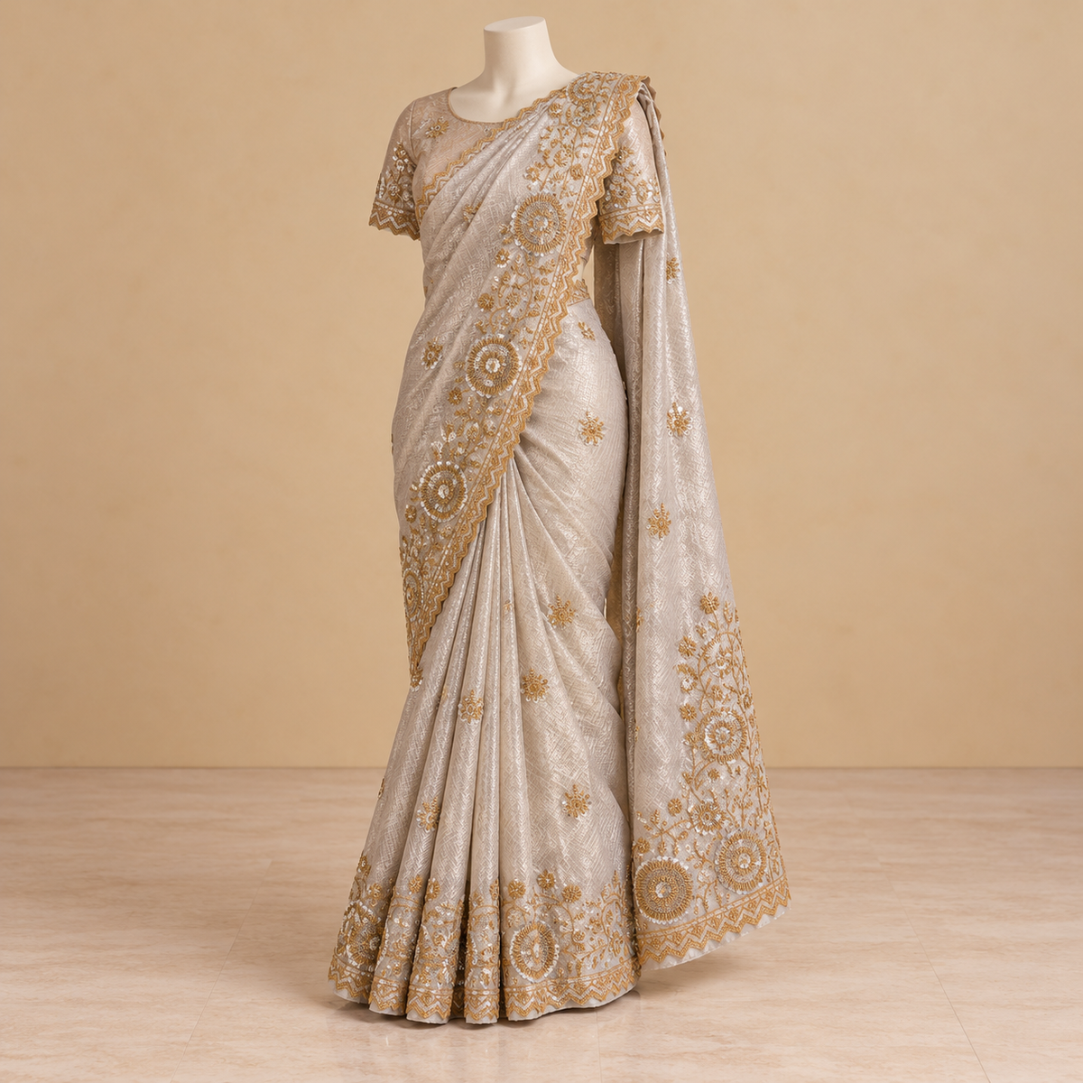 Grey Tissue Silk Saree with Golden Floral Embroidery