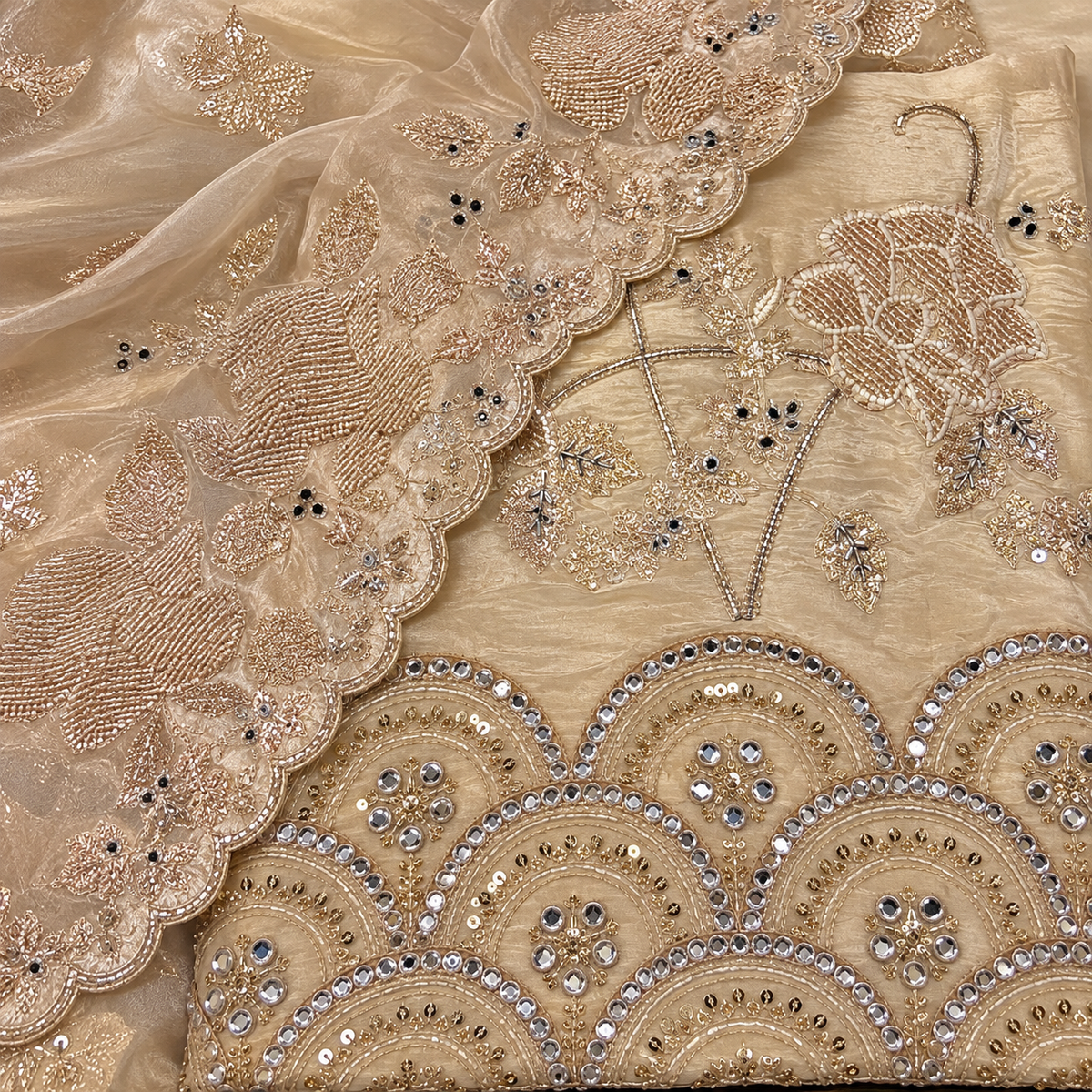 Elegant Beige Shimmer Dress Material with Floral Embroidery and Scalloped Dupatta