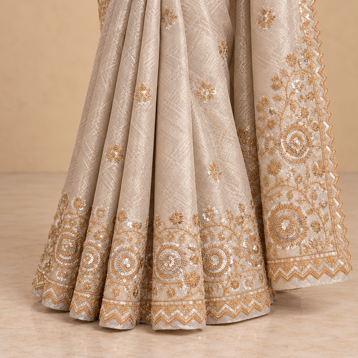 Grey Tissue Silk Saree with Golden Floral Embroidery
