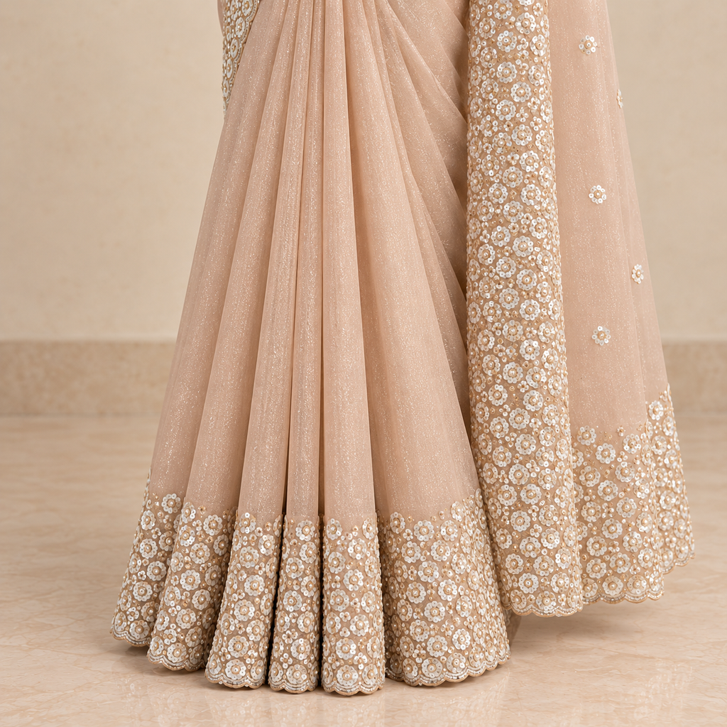 Peach Crush Saree with Floral Embroidered Border