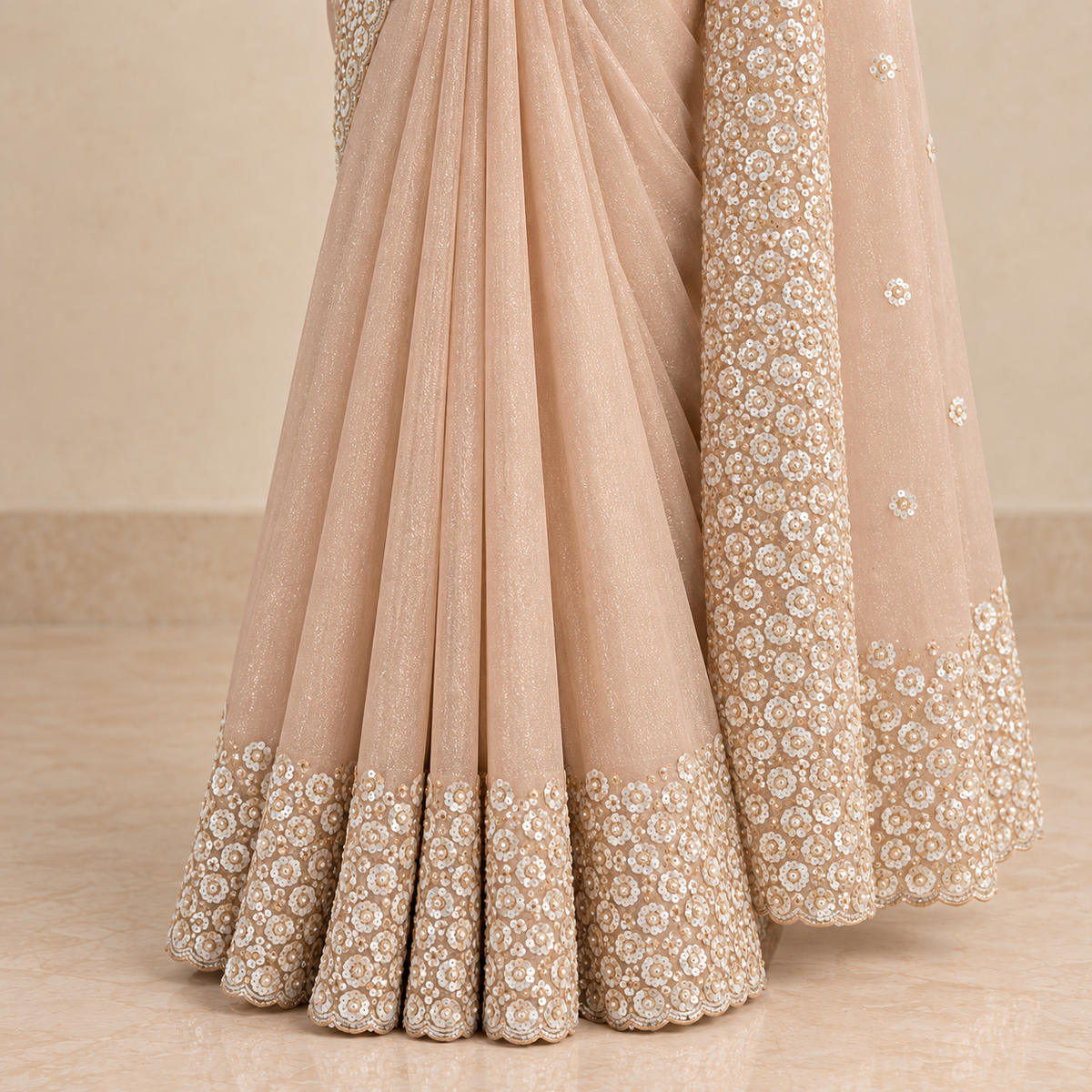 Peach Crush Saree with Floral Embroidered Border
