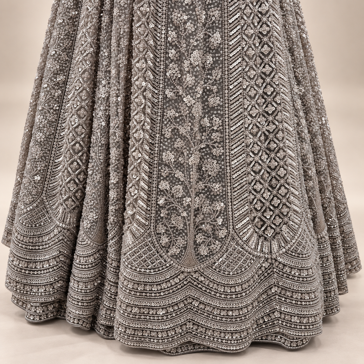 Brown Embellished Front-Cut Netted Gown