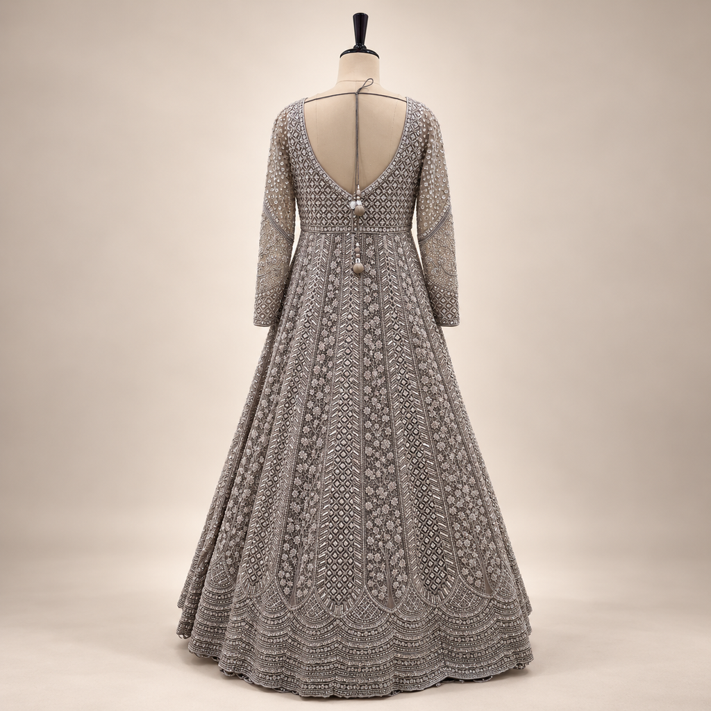 Brown Embellished Front-Cut Netted Gown