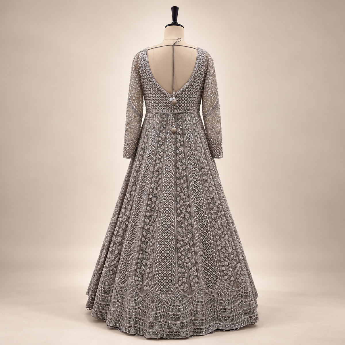 Brown Embellished Front-Cut Netted Gown