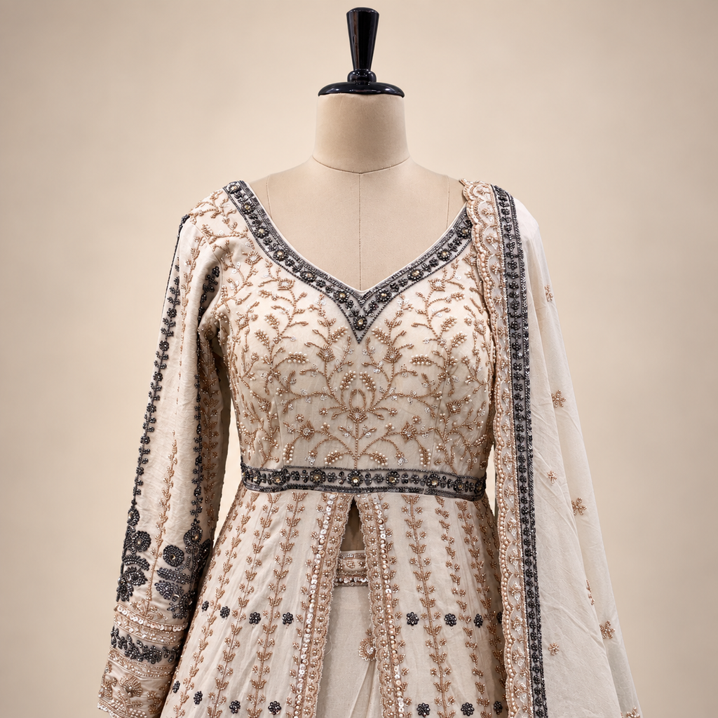 Beige Front-Cut Embroidered Gown with Dupatta