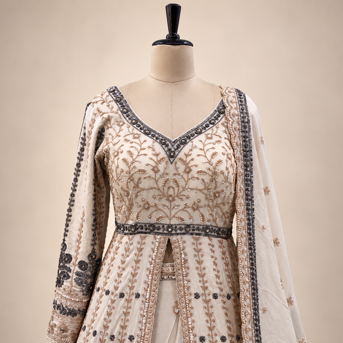 Beige Front-Cut Embroidered Gown with Dupatta