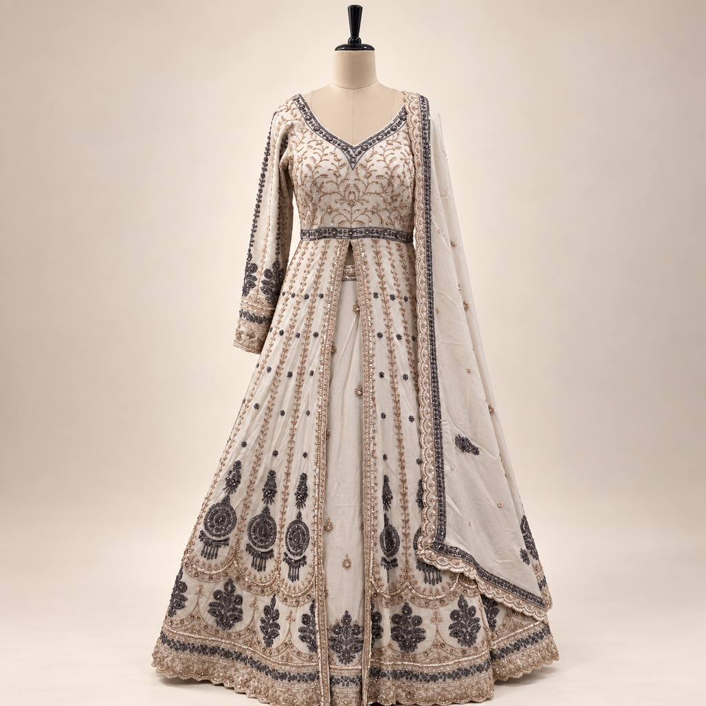 Beige Front-Cut Embroidered Gown with Dupatta