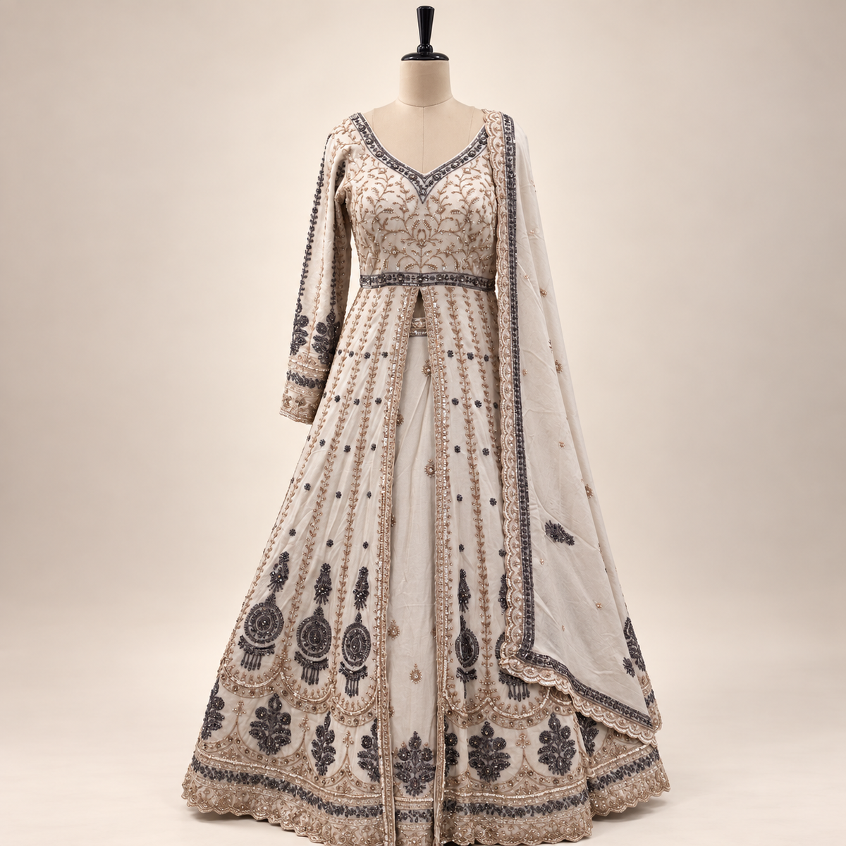 Beige Front-Cut Embroidered Gown with Dupatta