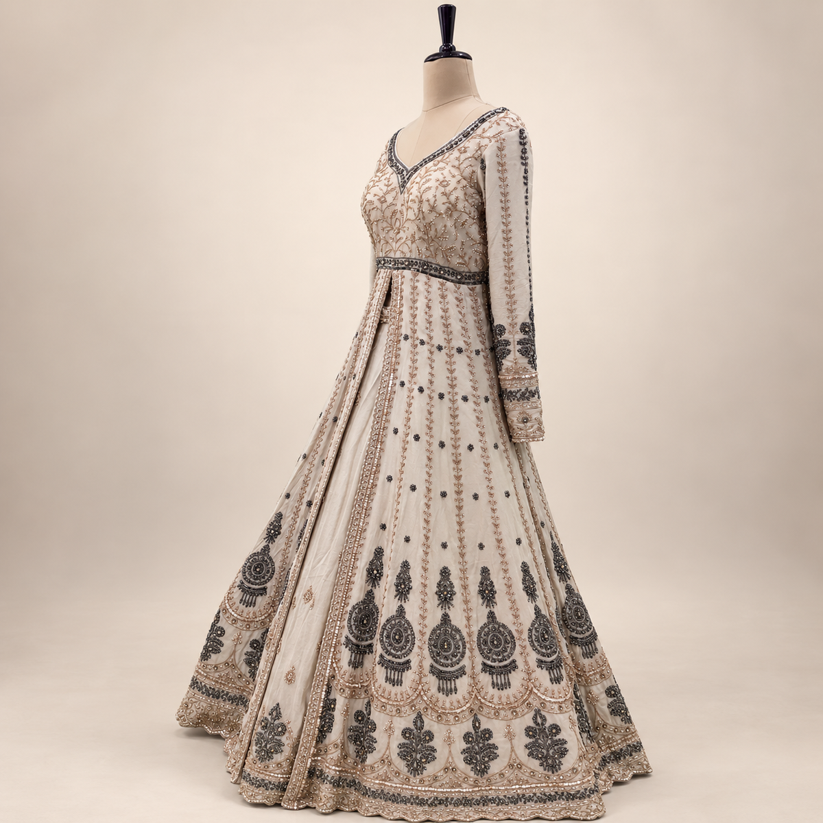 Beige Front-Cut Embroidered Gown with Dupatta