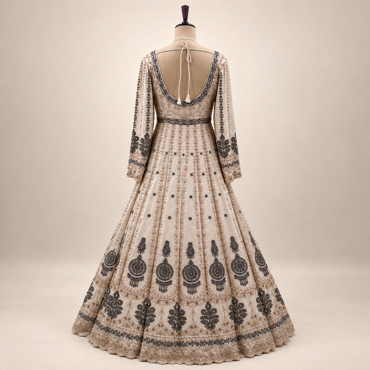 Beige Front-Cut Embroidered Gown with Dupatta