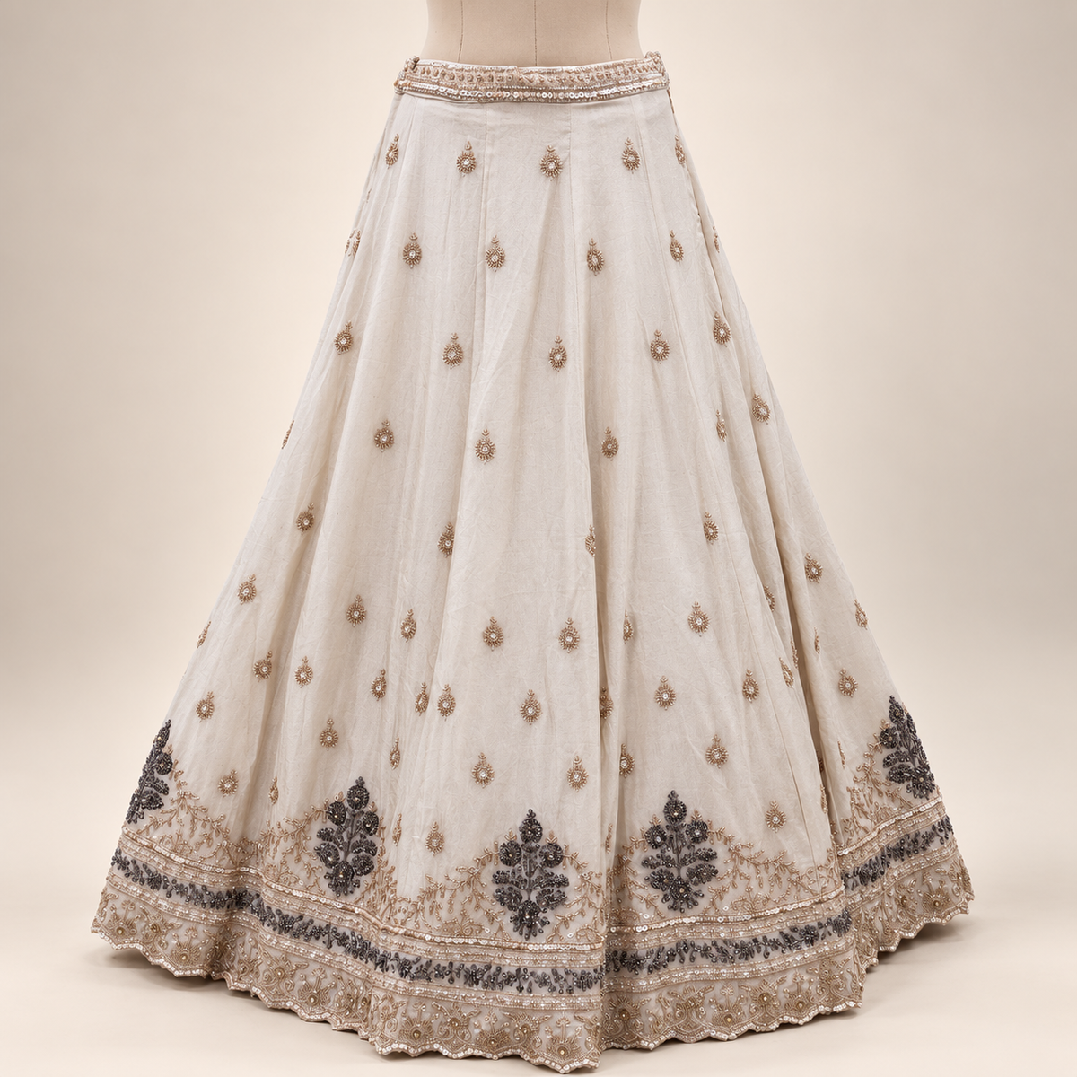 Beige Front-Cut Embroidered Gown with Dupatta