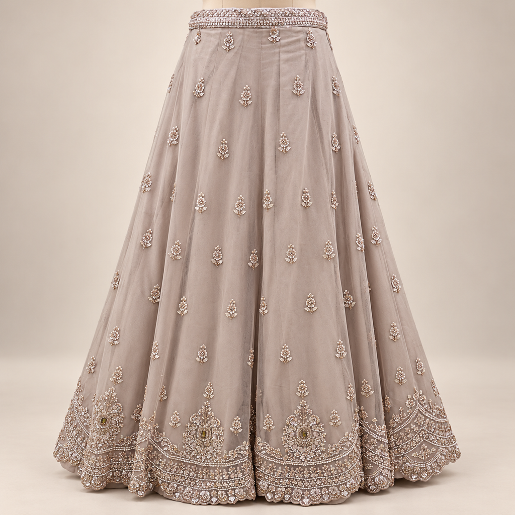 Beige Embroidered Front-Cut Gown with Sheer Dupatta