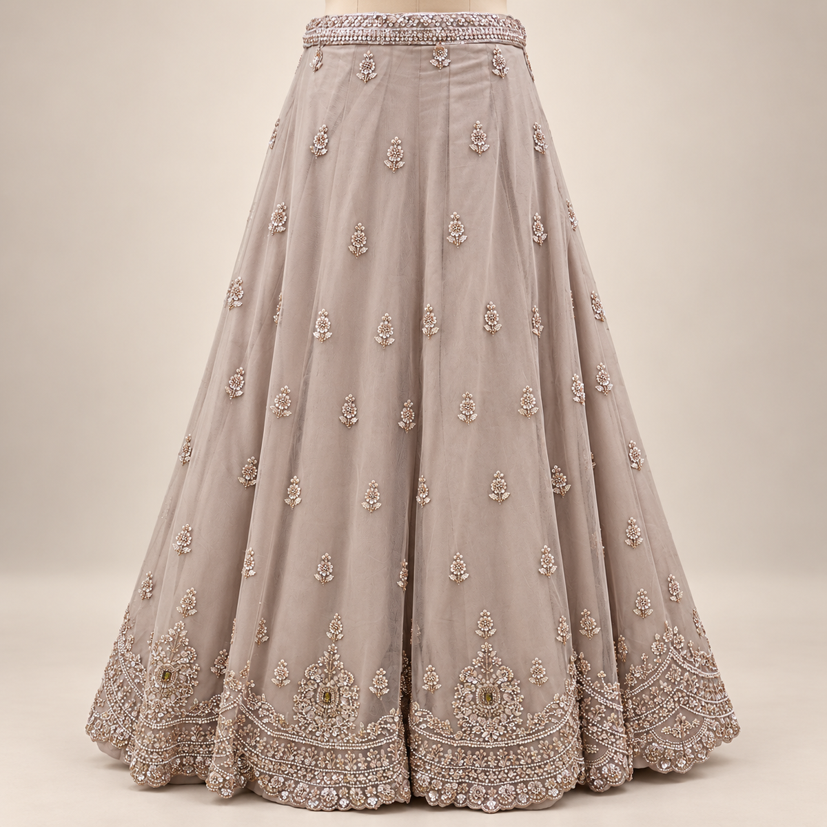 Beige Embroidered Front-Cut Gown with Sheer Dupatta