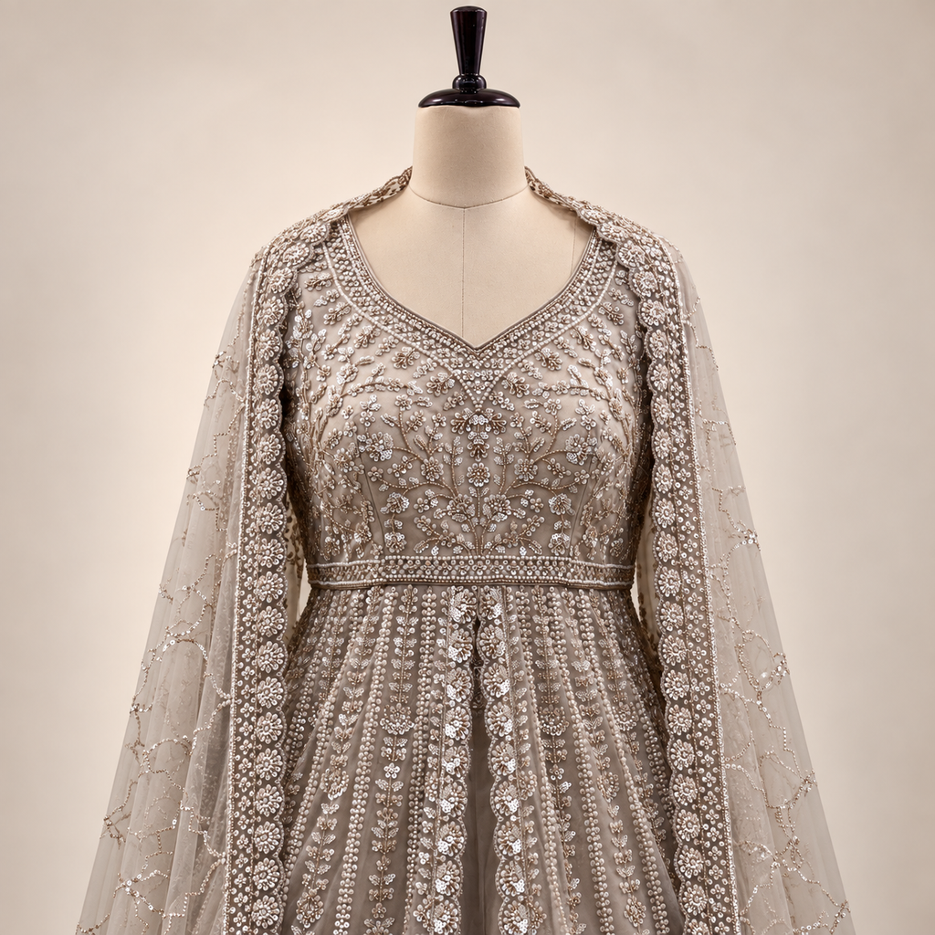 Beige Embroidered Front-Cut Gown with Sheer Dupatta