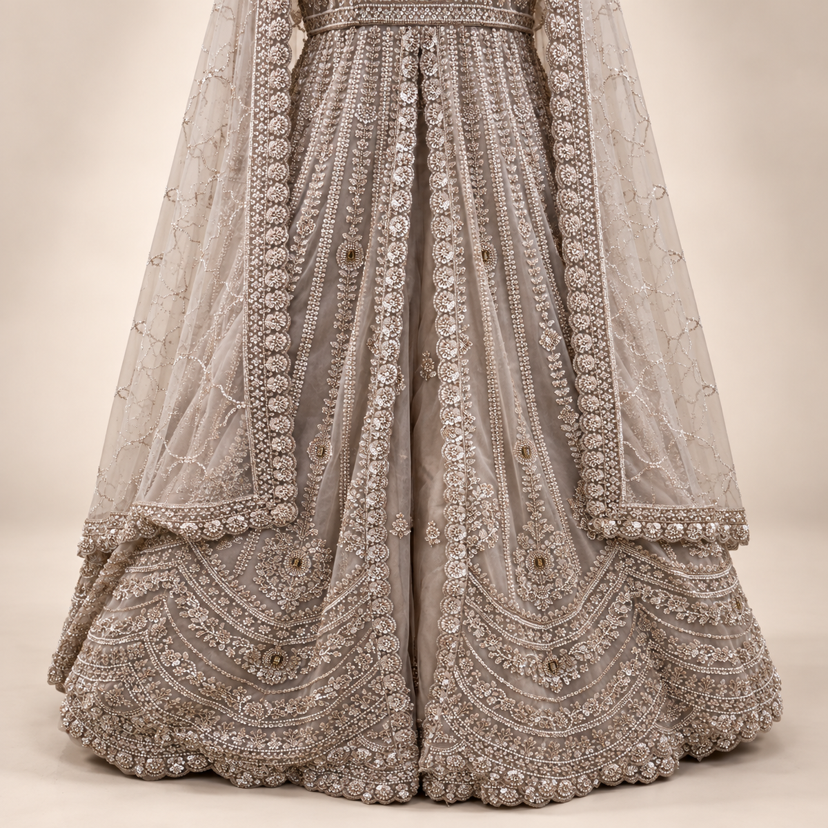 Beige Embroidered Front-Cut Gown with Sheer Dupatta