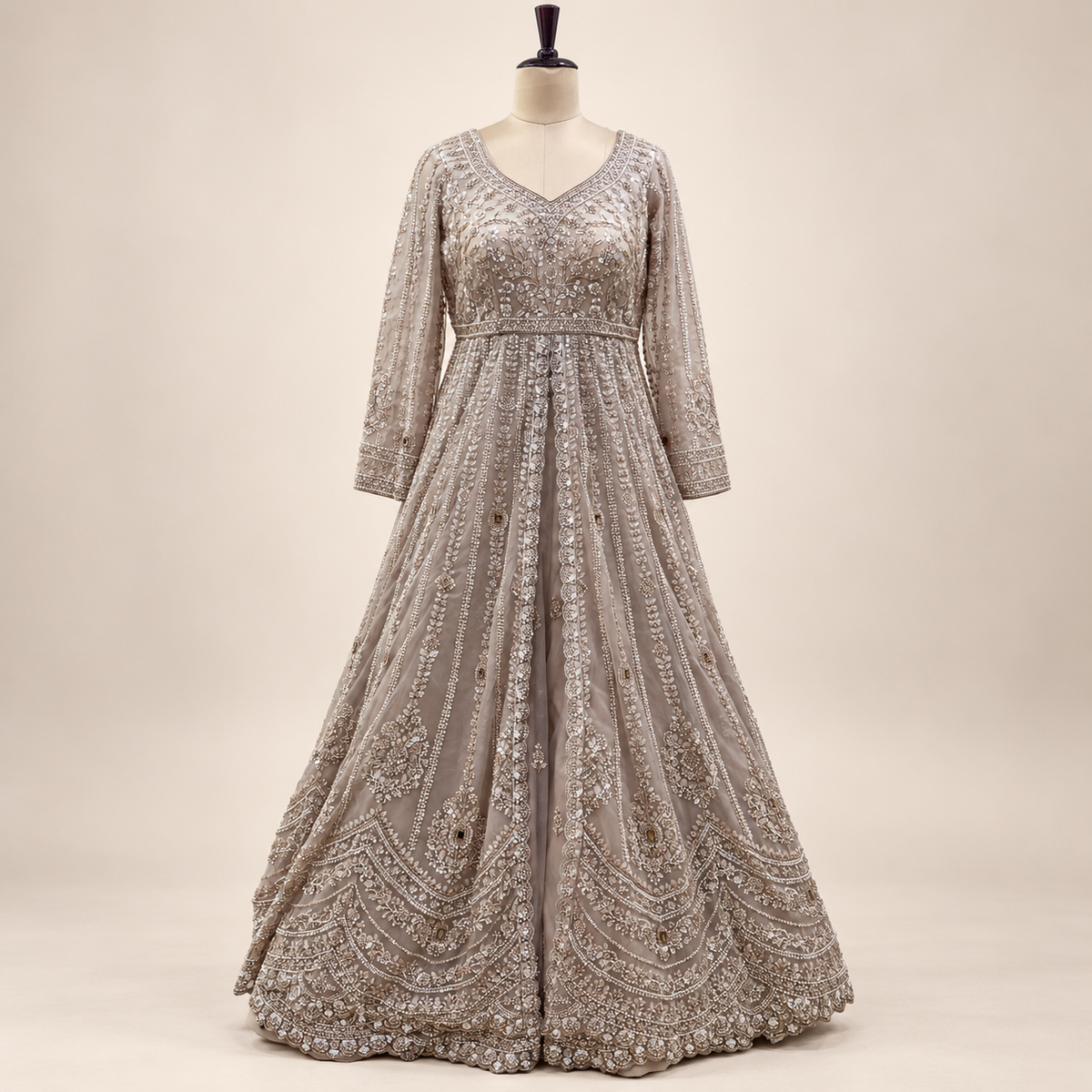 Beige Embroidered Front-Cut Gown with Sheer Dupatta