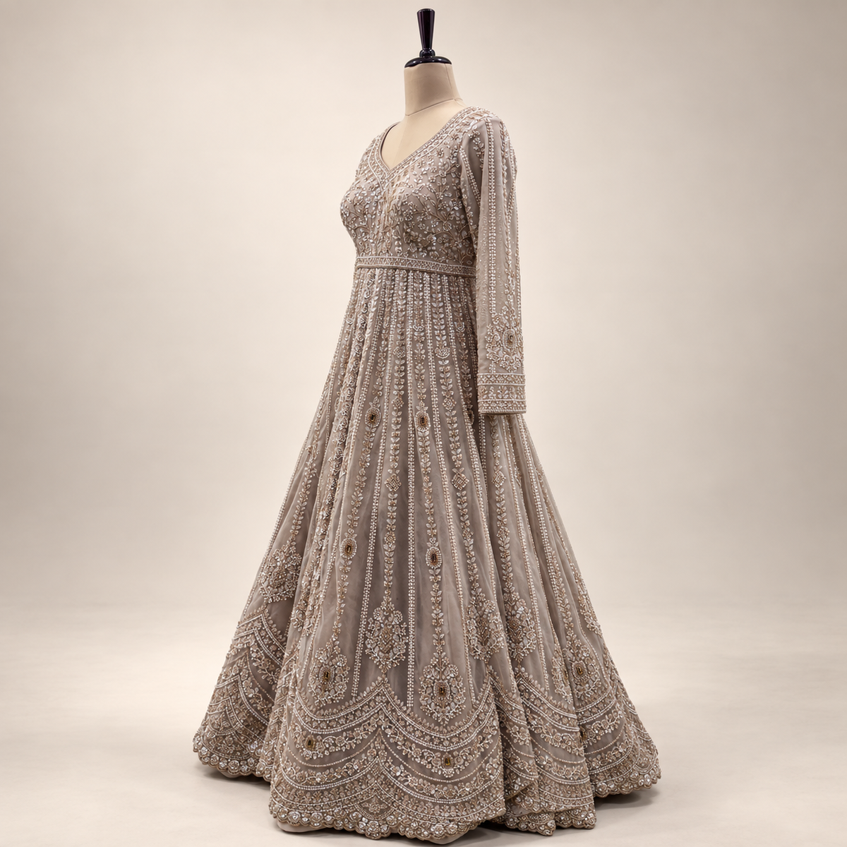Beige Embroidered Front-Cut Gown with Sheer Dupatta
