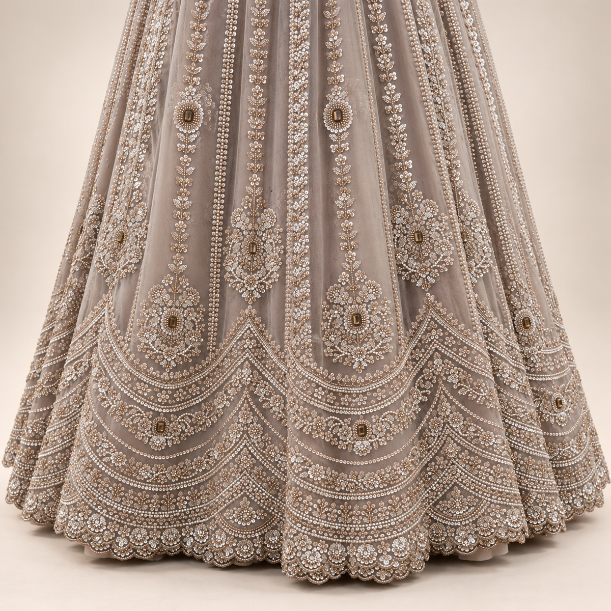 Beige Embroidered Front-Cut Gown with Sheer Dupatta