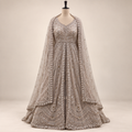 Beige Embroidered Front-Cut Gown with Sheer Dupatta