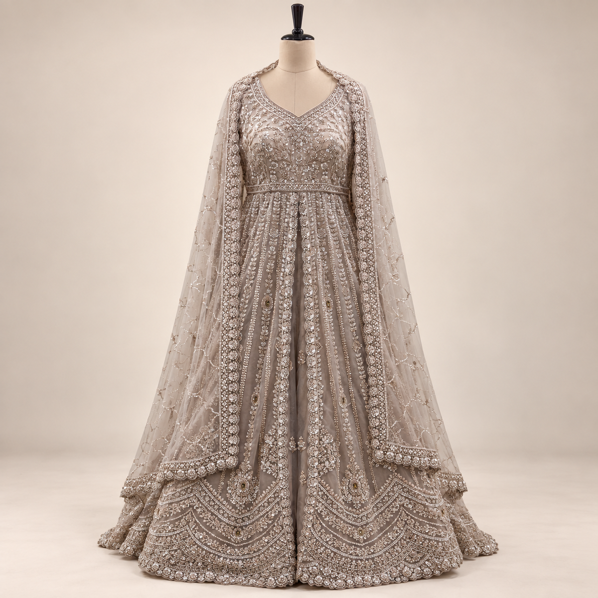 Beige Embroidered Front-Cut Gown with Sheer Dupatta