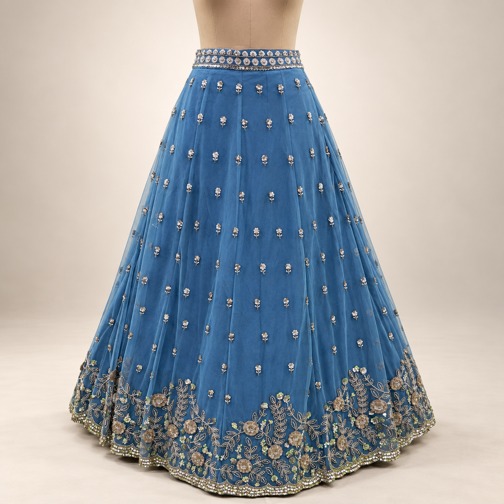Royal Blue Netted Front-Cut Embroidered Gown