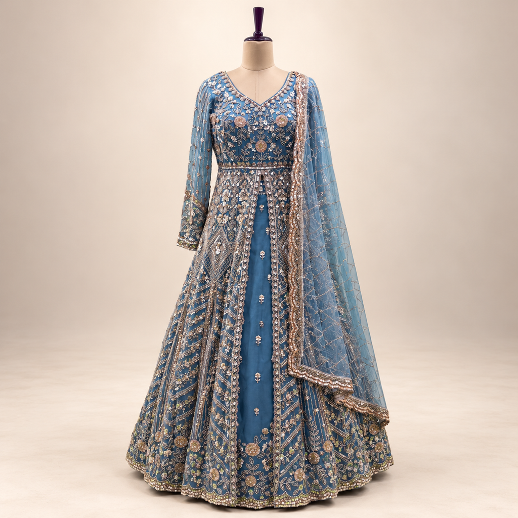 Royal Blue Netted Front-Cut Embroidered Gown