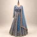 Royal Blue Netted Front-Cut Embroidered Gown