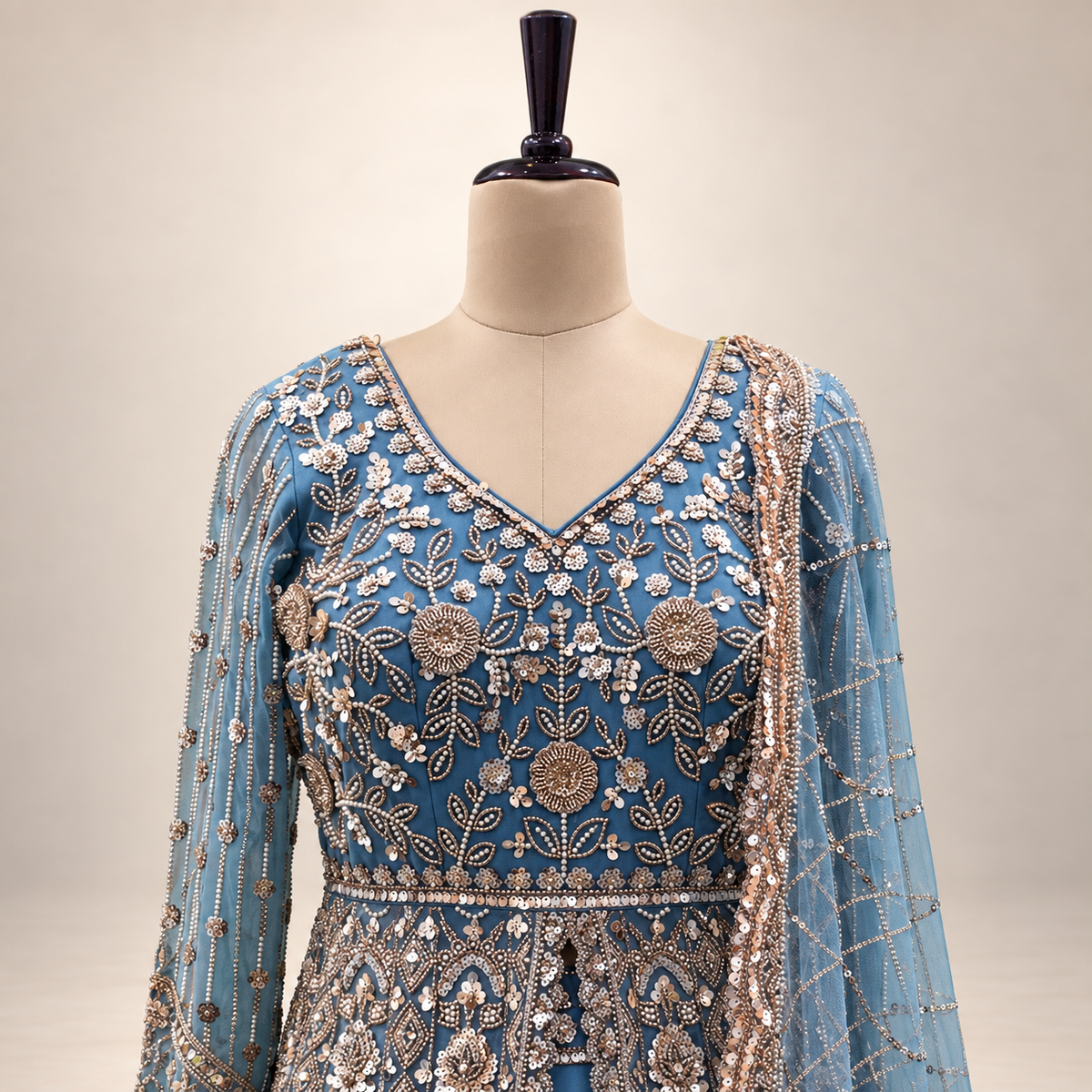 Royal Blue Netted Front-Cut Embroidered Gown