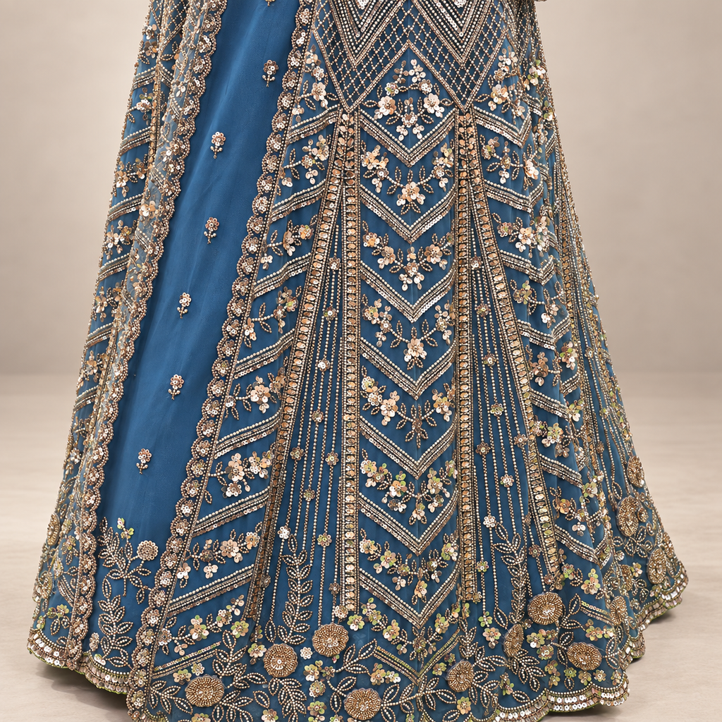 Royal Blue Netted Front-Cut Embroidered Gown