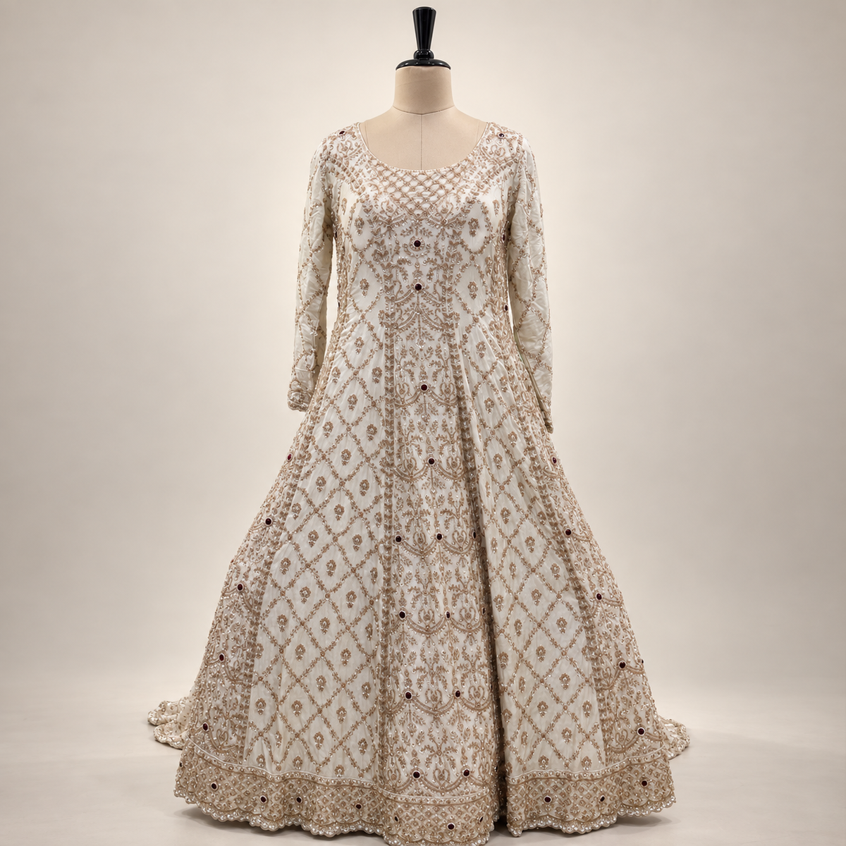 Cream Tail-Cut Embroidered Gown