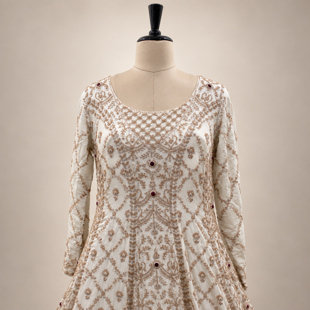 Cream Tail-Cut Embroidered Gown