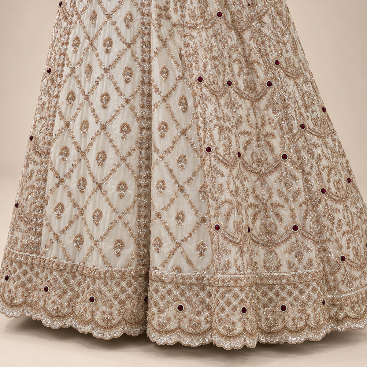 Cream Tail-Cut Embroidered Gown