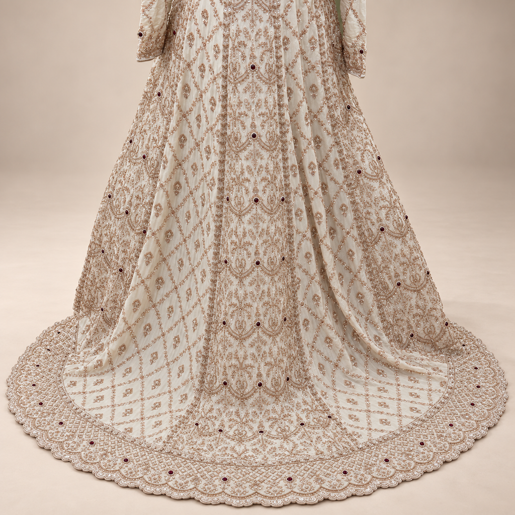 Cream Tail-Cut Embroidered Gown