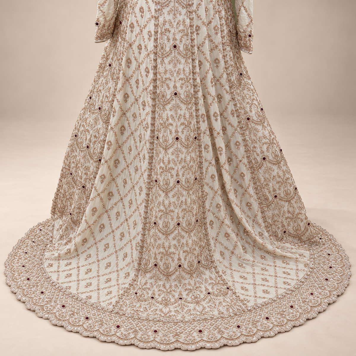 Cream Tail-Cut Embroidered Gown