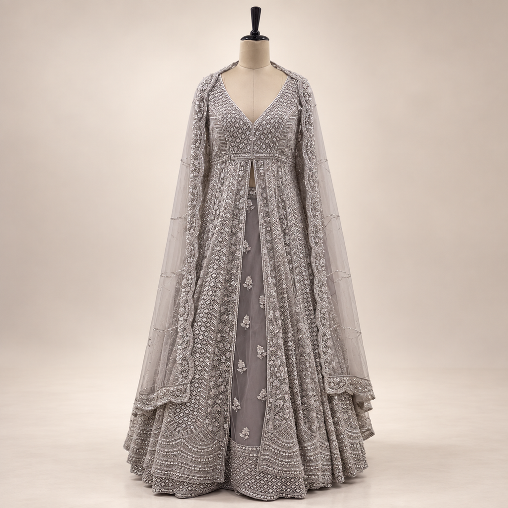Brown Embellished Front-Cut Netted Gown